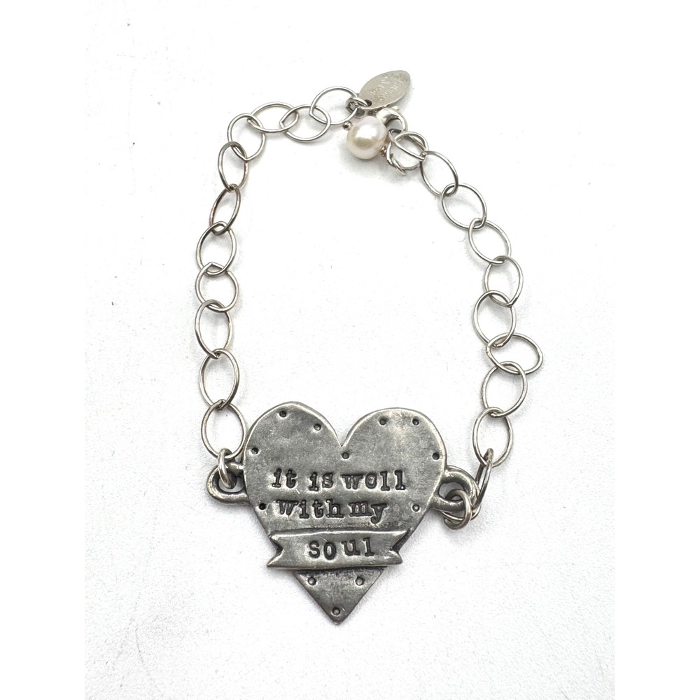 Lisa Leonard Sterling Silver It Is Well With My Soul Heart Pearl Bracelet 7.5in